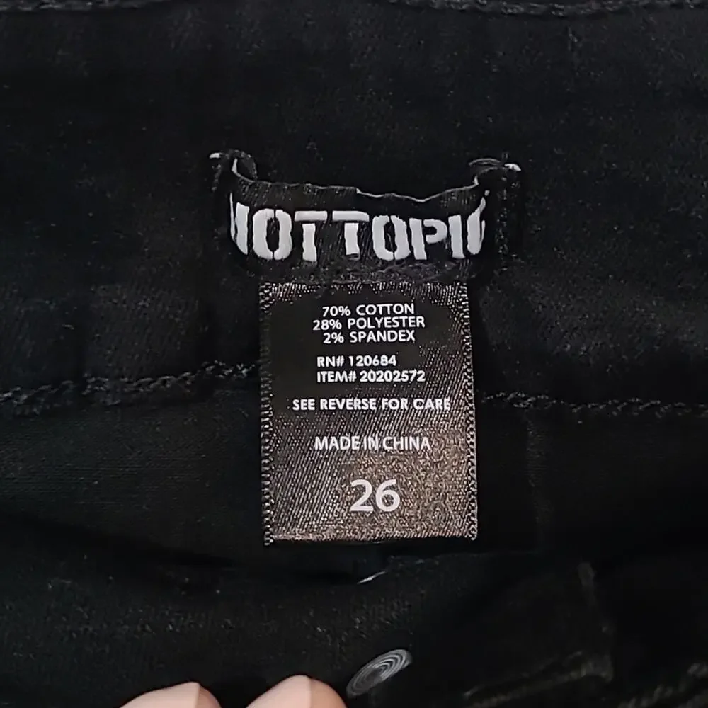Hot Topic SZ 26 Black Denim Jeans Wide Leg Loose Fit Two Button Goth Stretch